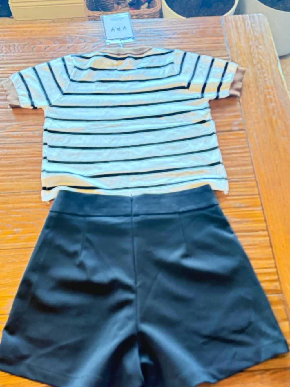 Striped Short Sleeve Top and Black High-Waist Shorts Set